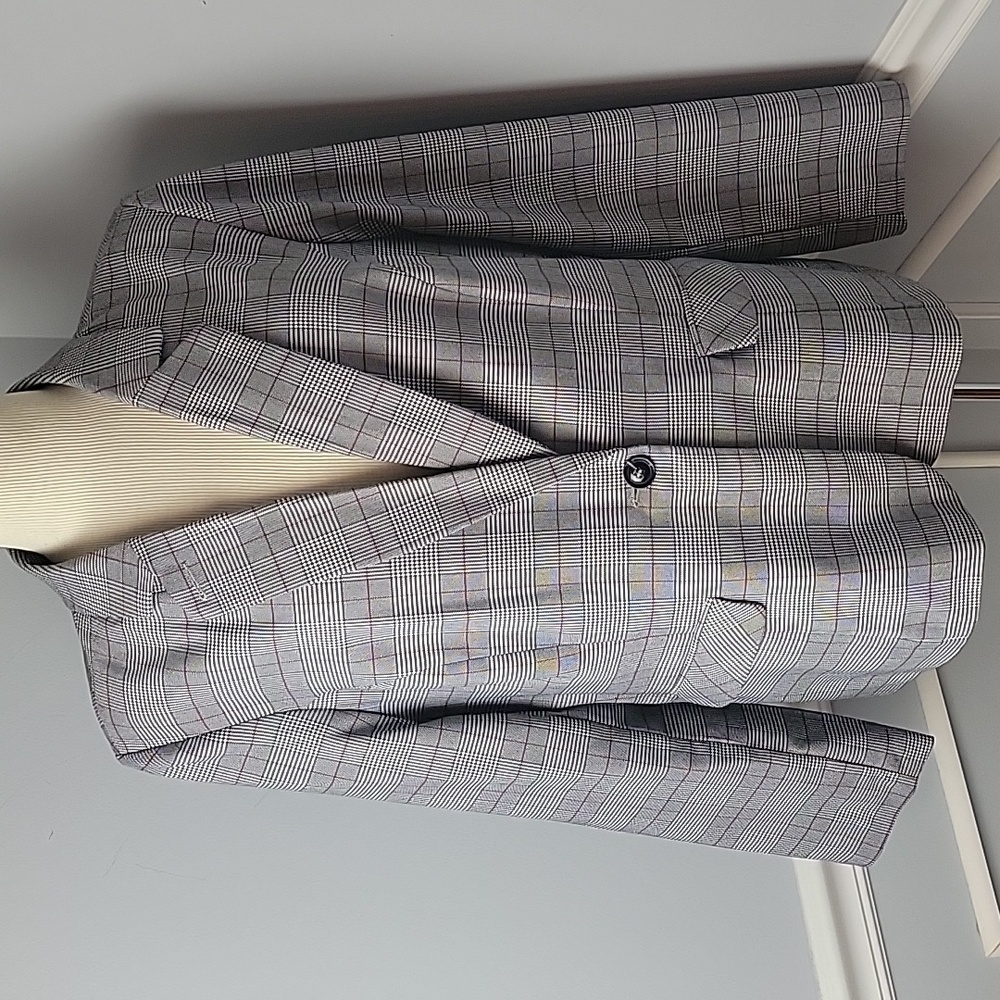 ZAC & RACHEL Black Burgundy Houndstooth Glen Plaid Single Button‎ Preppy Blazer